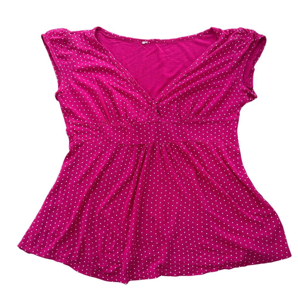 Y2K Pink Polka Dot Babydoll Top Coquette Twee Cap Sleeve Medium Hot Pink